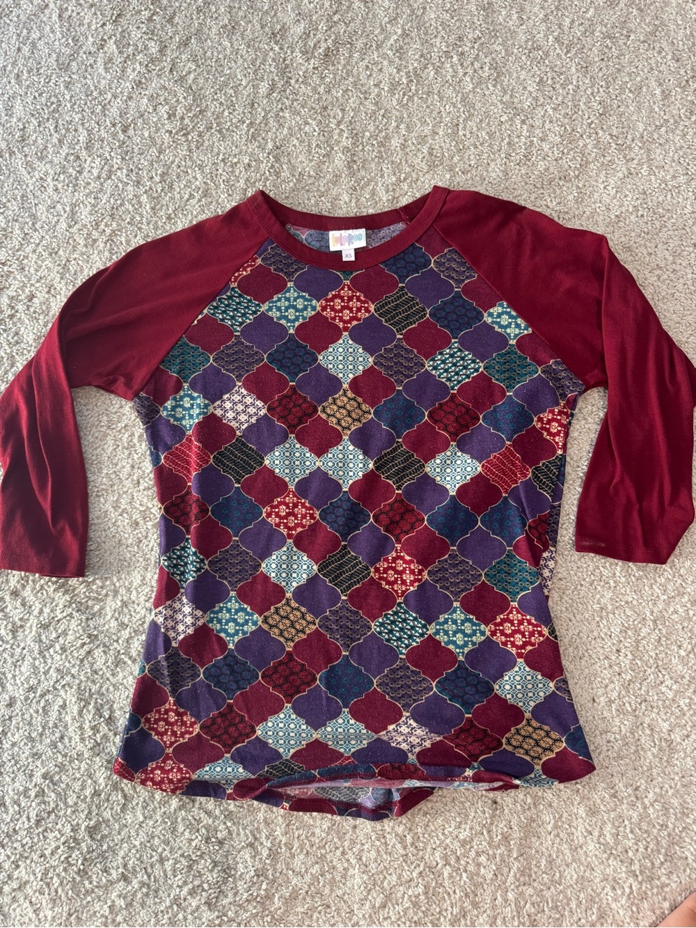 LuLaRoe Burgundy Multicolor Geometric Raglan Top